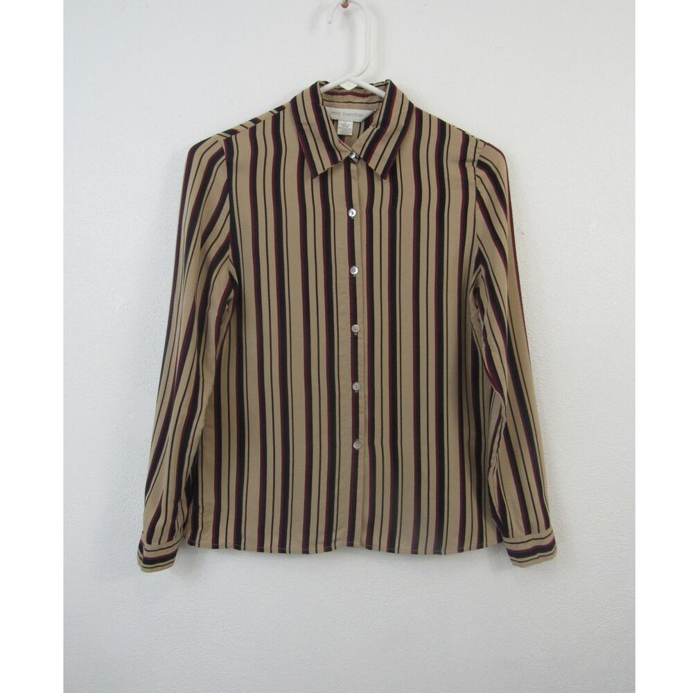 Petite Sophisticate Size 2 100% Silk Tan Red Striped Vintage Button Up Blouse